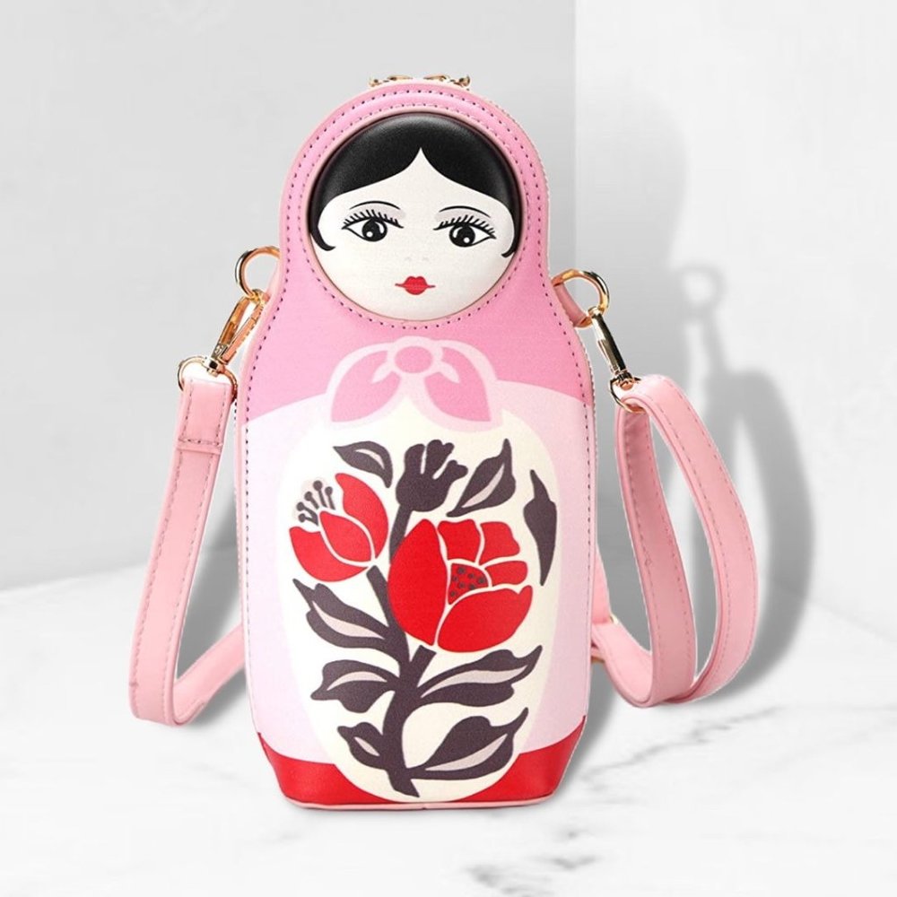 NOVELTY PINK RUSSIAN DOLL SHAPED HANDBAG CROSSBODY BAG